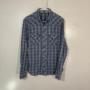 Salt Valley Western Shirt Mens Small Blue Plaid Long Sleeve Snap Western Casual